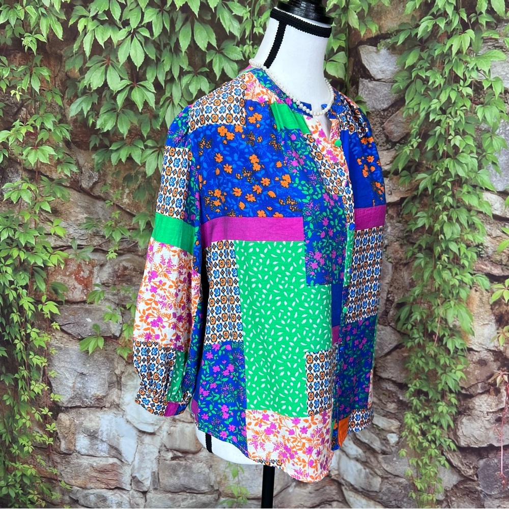 FATE Mixed Media Half-Placket Patchwork Blouse, S - image 8